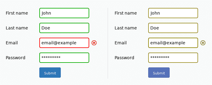 example of an accessible form with fields for first name, last name, email and password showing side by side the colors as seen by someone without and with color blindness