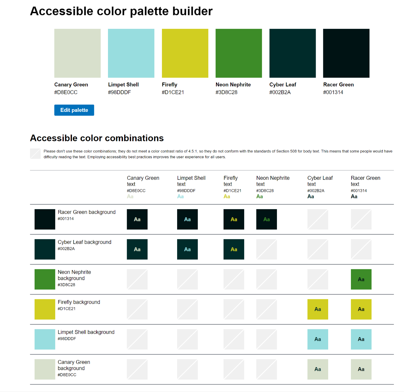 The Accessible Color Palette builder interface with my brand colors. 